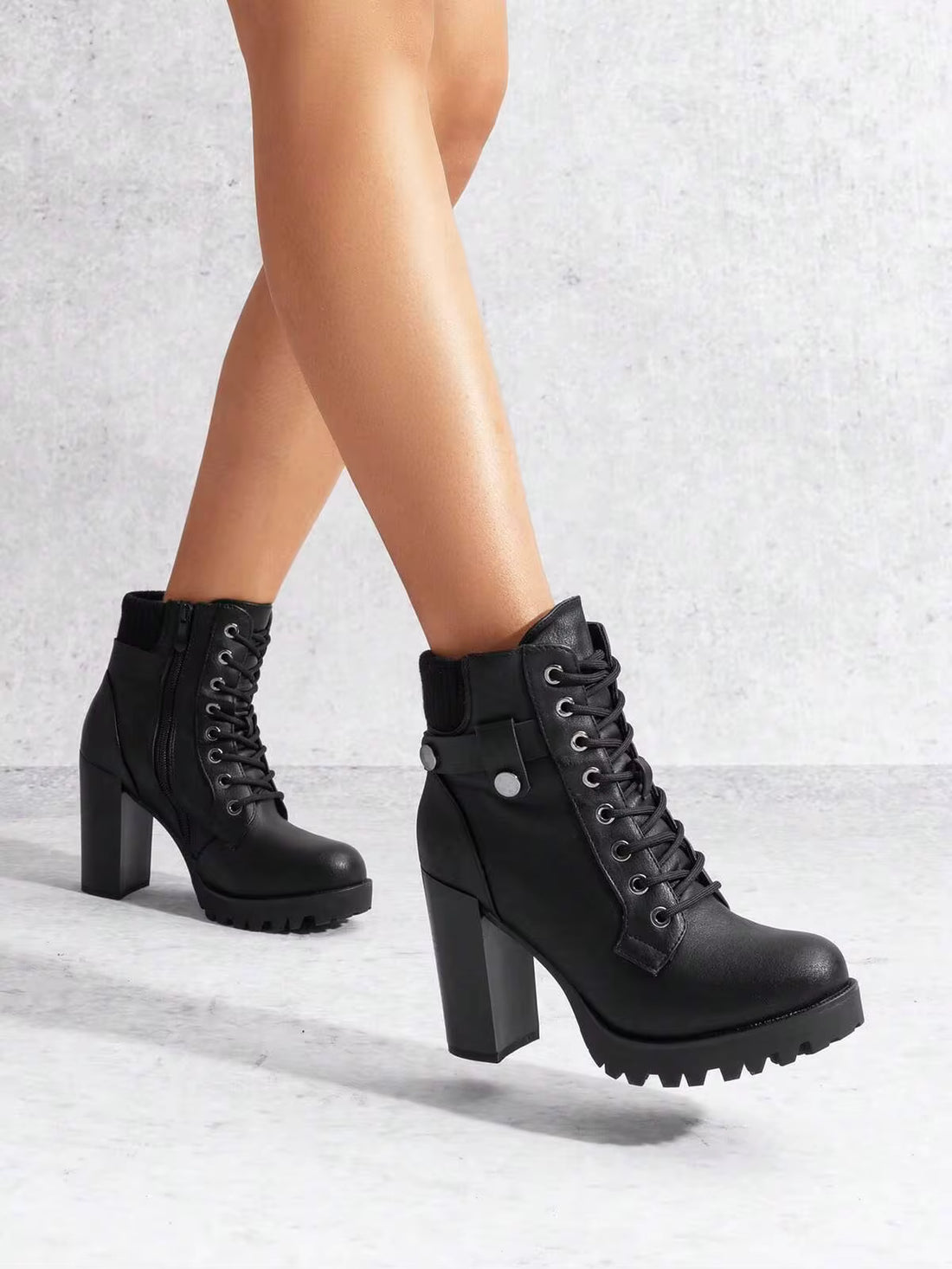 Women's Lace Up Combat Ankle Boots High Chunky Heel Fashion Heeled Booties Shoes Black Boots Ankle Boots