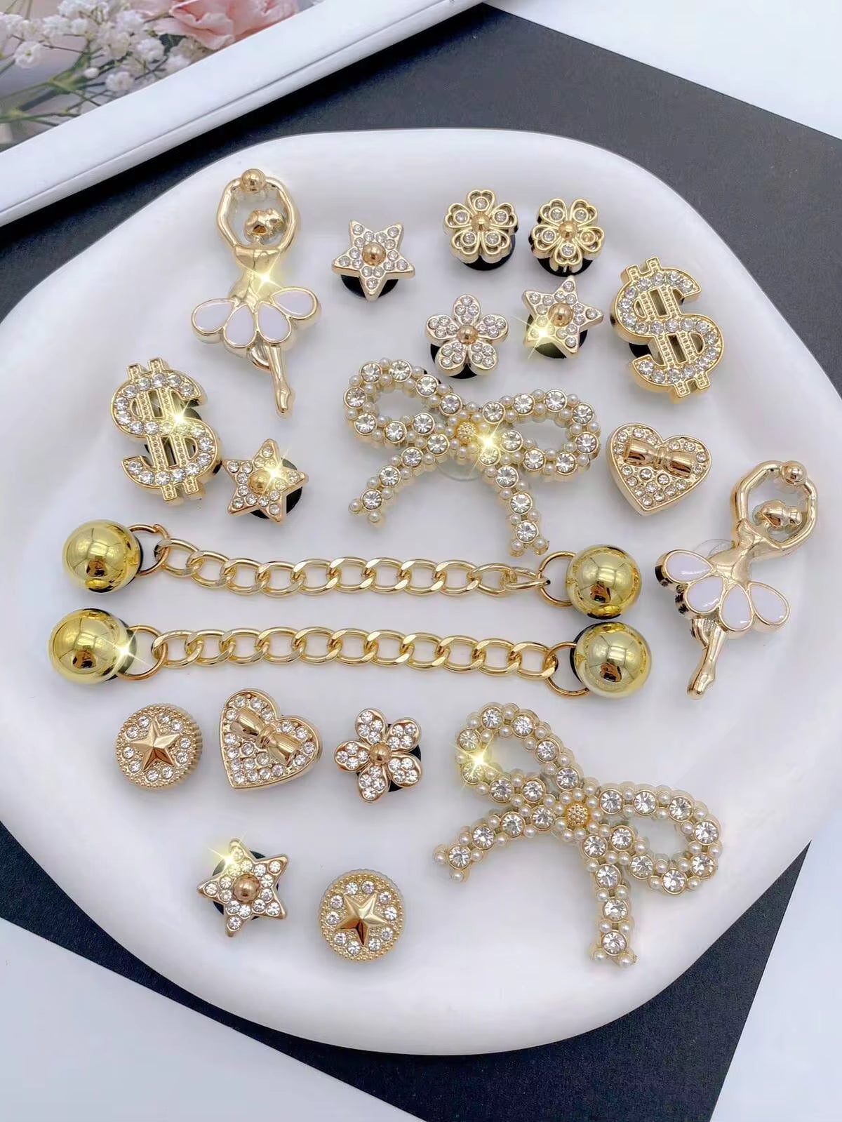 20pcs Detachable Rhinestone Bear, Bow, Snowflower, Garden/Beach Shoes Decoration Chain, Perfect Holiday Gift